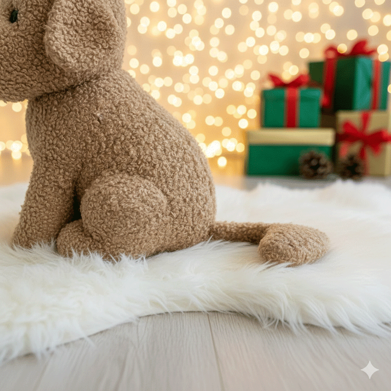 beautiful little plush toy of a brown dog, with a Christmas hat on