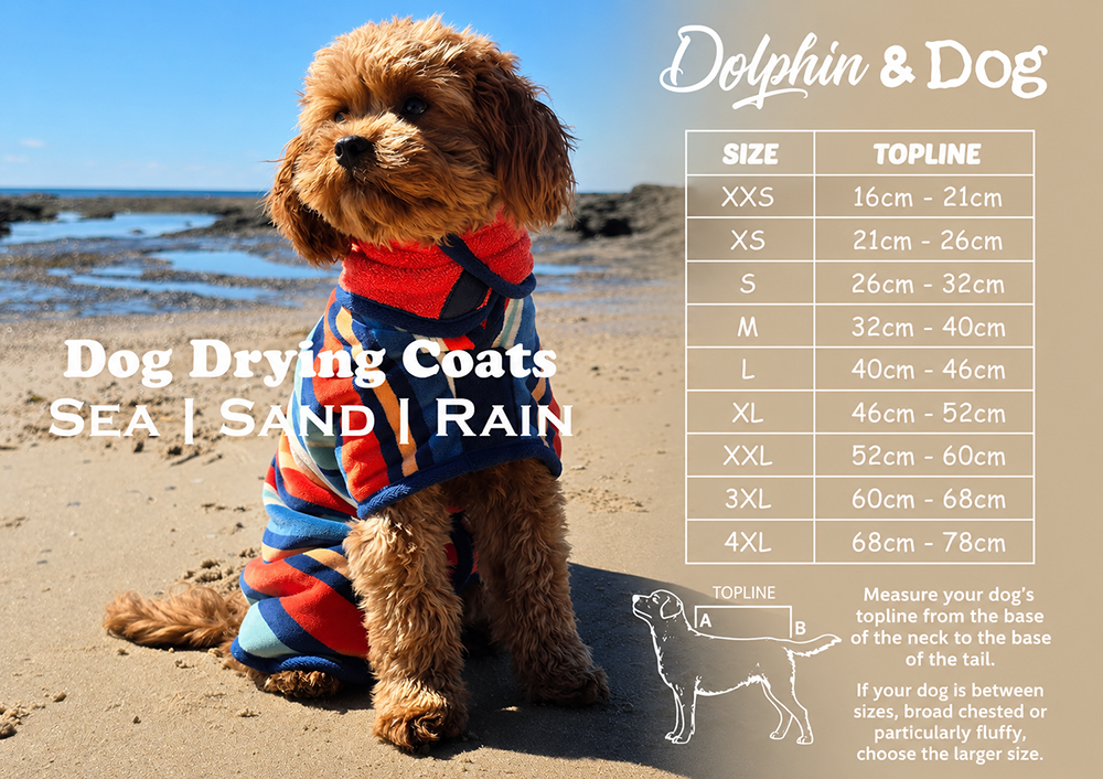 dog drying robe size guide, size range from XXS - 4XL, dog robe size chart shows how to measure your dog.