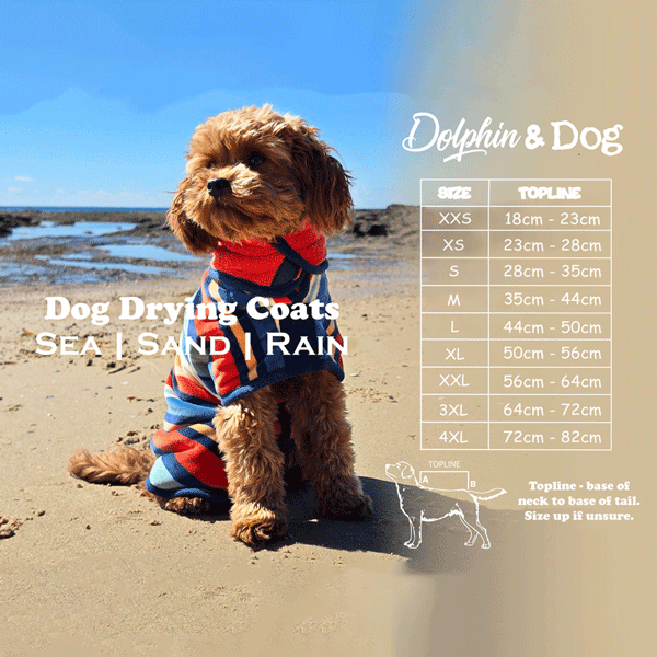 dog drying coat size guide, size range from XXS - 4XL, dog coat size chart shows how to measure your dog.