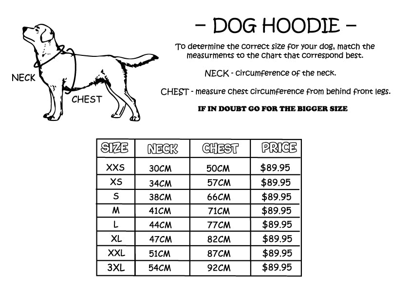 dog hoodie size chart. select your dogs size from the chart.