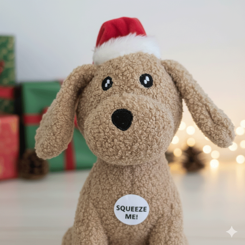 plush dog toy of a dog with a Christmas hat on