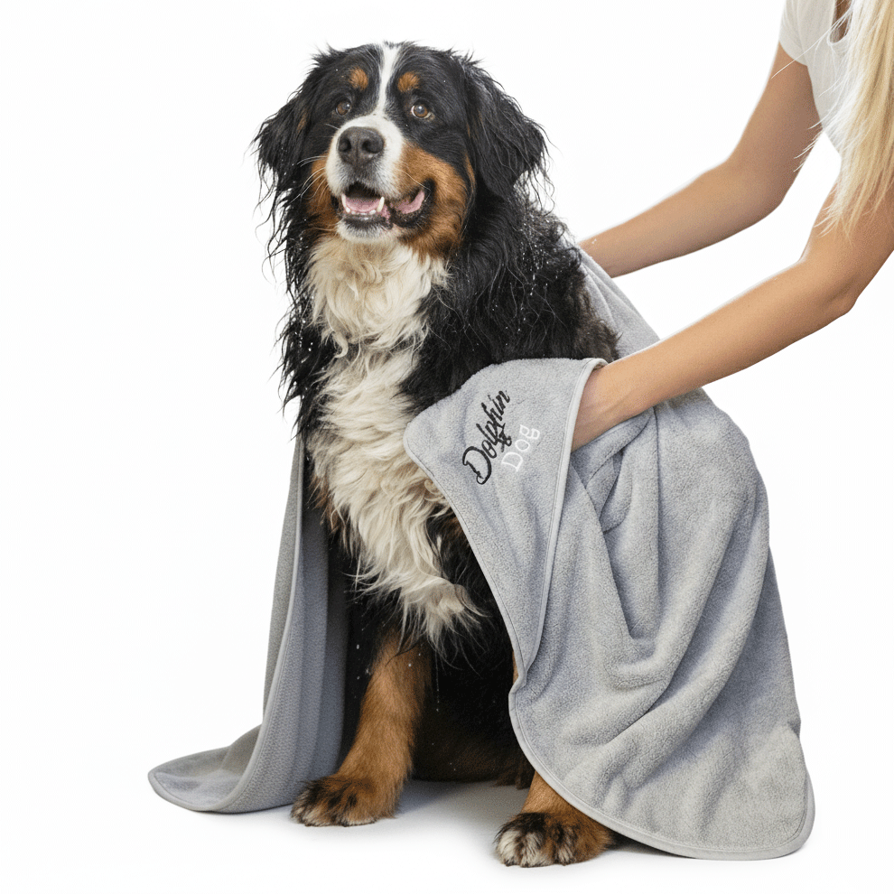 Dog towel being used to dry a dog, The large dog towel is silver and is made by Dolphin & Dog.