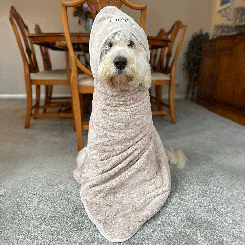 dog towel by Dolphin &amp; Dog being displayed by one of the happy customers. a dog wrapped up in a towel.