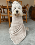dog towel by Dolphin & Dog being displayed by one of the happy customers. a dog wrapped up in a towel.