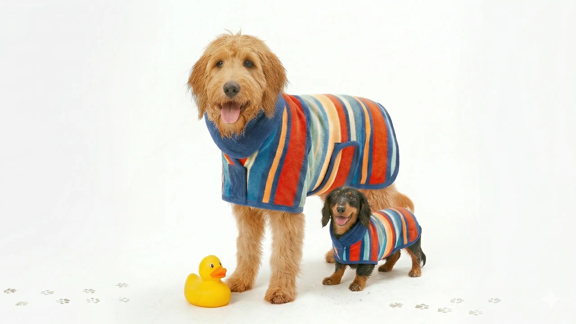 Two dogs wearing colorful striped bathrobes with a yellow rubber duck on a white background