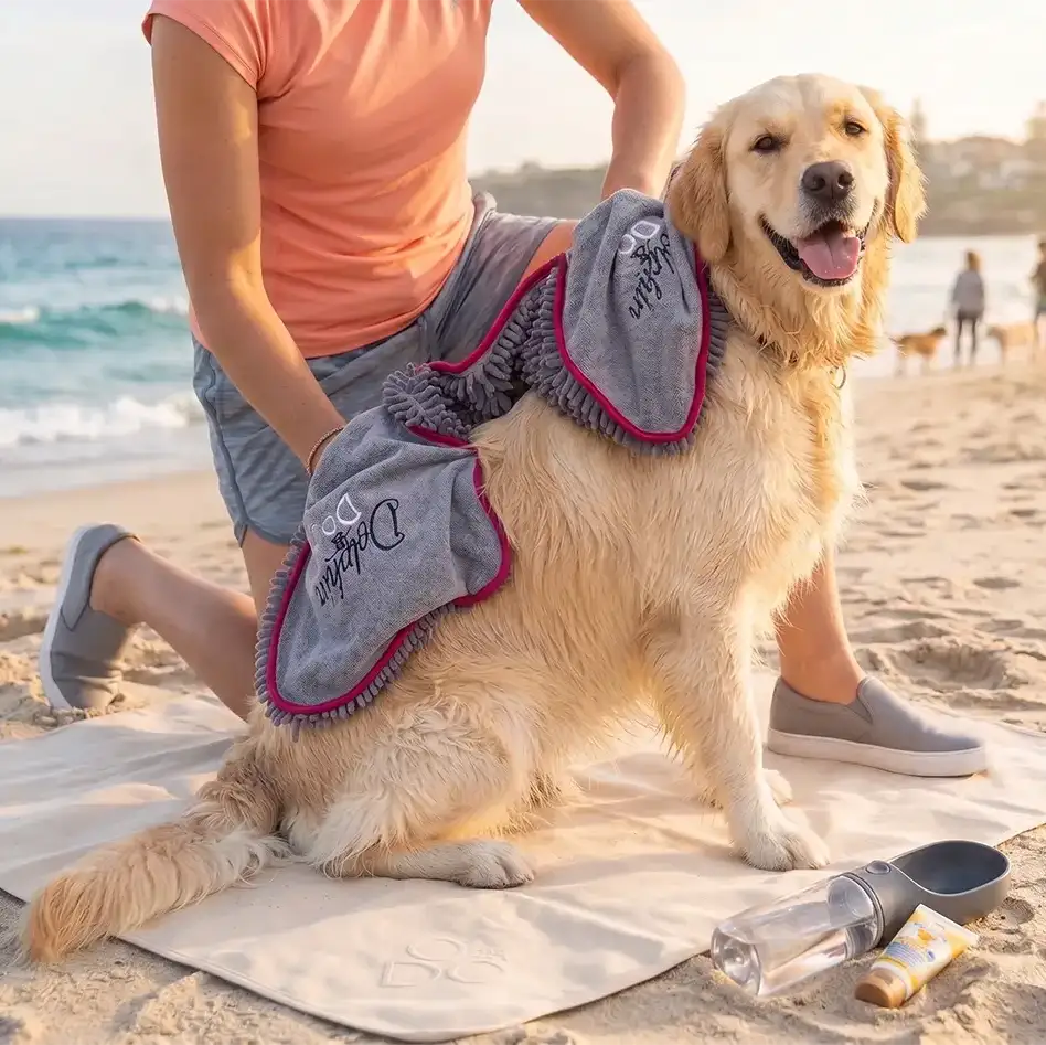 Dog sitting on a beach being dried with a dog towel, dog towel is branded with Dolphin and Dog