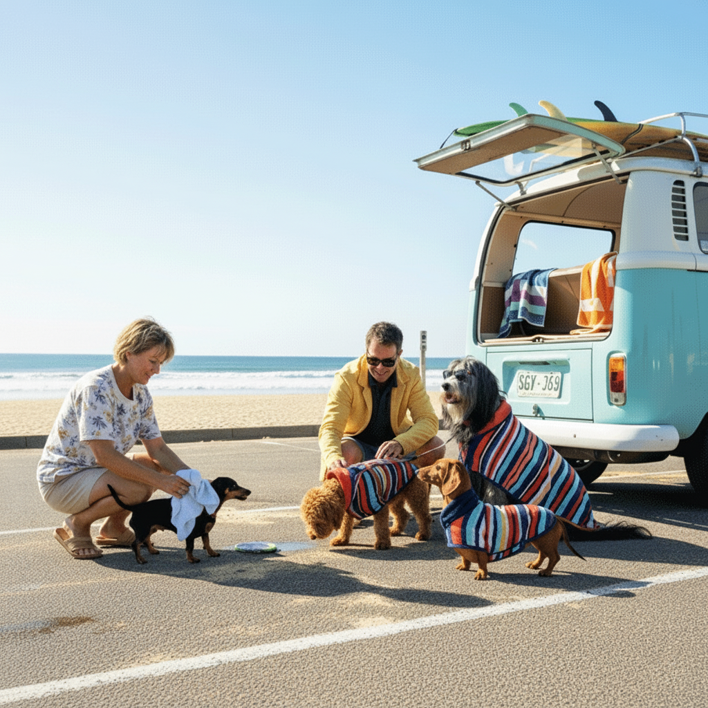 Dogs getting dried at the beach carpark  with their dog drying coats by Dolphin and Dog.