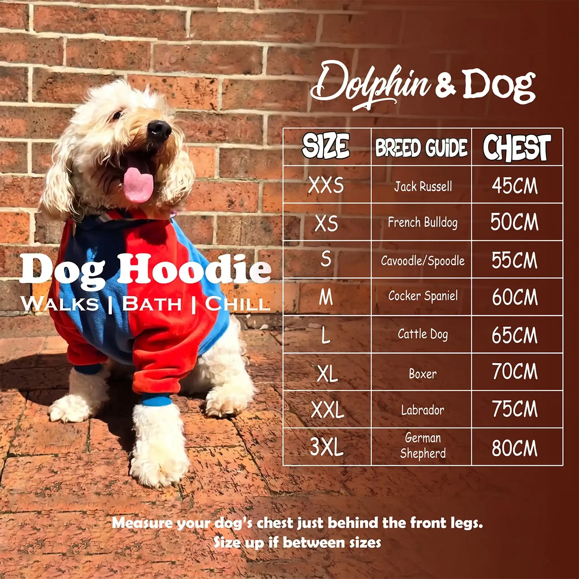 Dog wearing a red and blue hoodie with a size chart displaying 8 sizes to choose from.