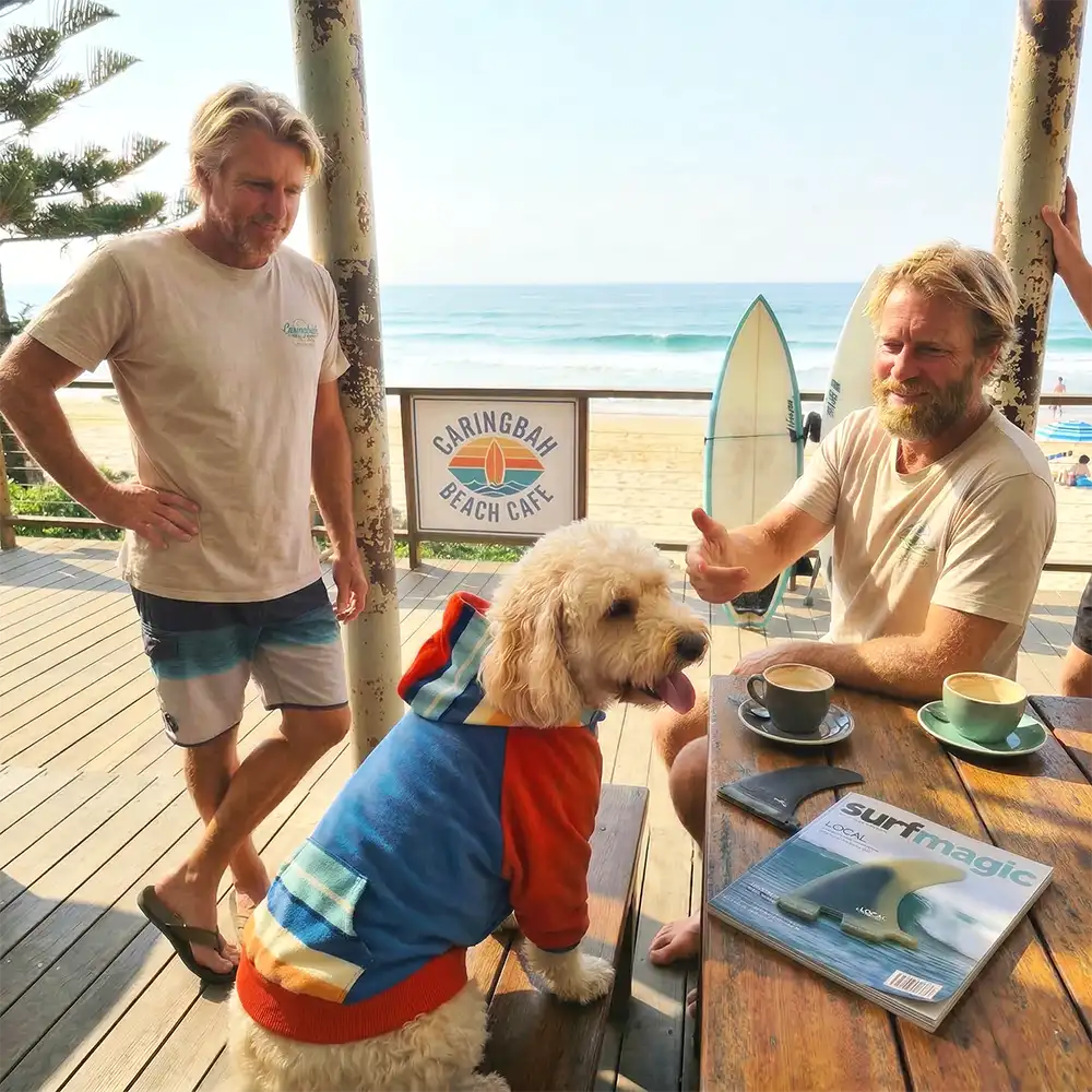 Two men with a dog wearing a dog hoodie at a beach cafe, with a surfboard and magazine on a table.
