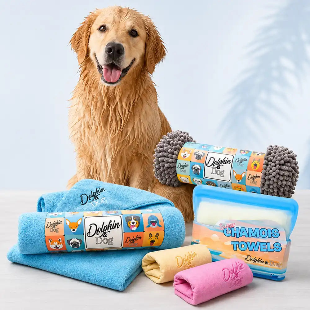 Wet golden retriever sitting behind a blue Dolphin & Dog dog towel, chamois towels and absorbent dog drying towels.