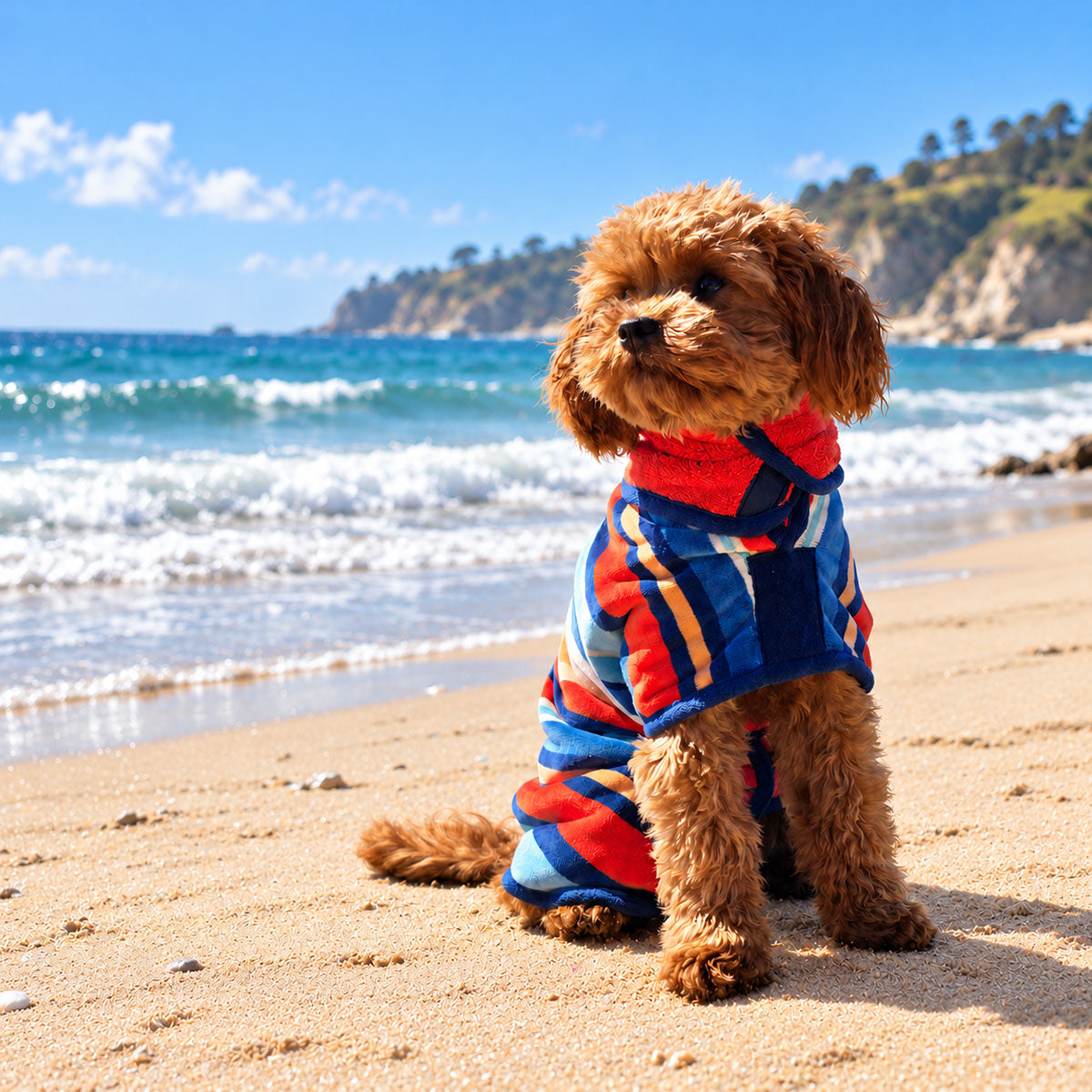 Dog wearing a premium dog drying robe on the beach after swimming
