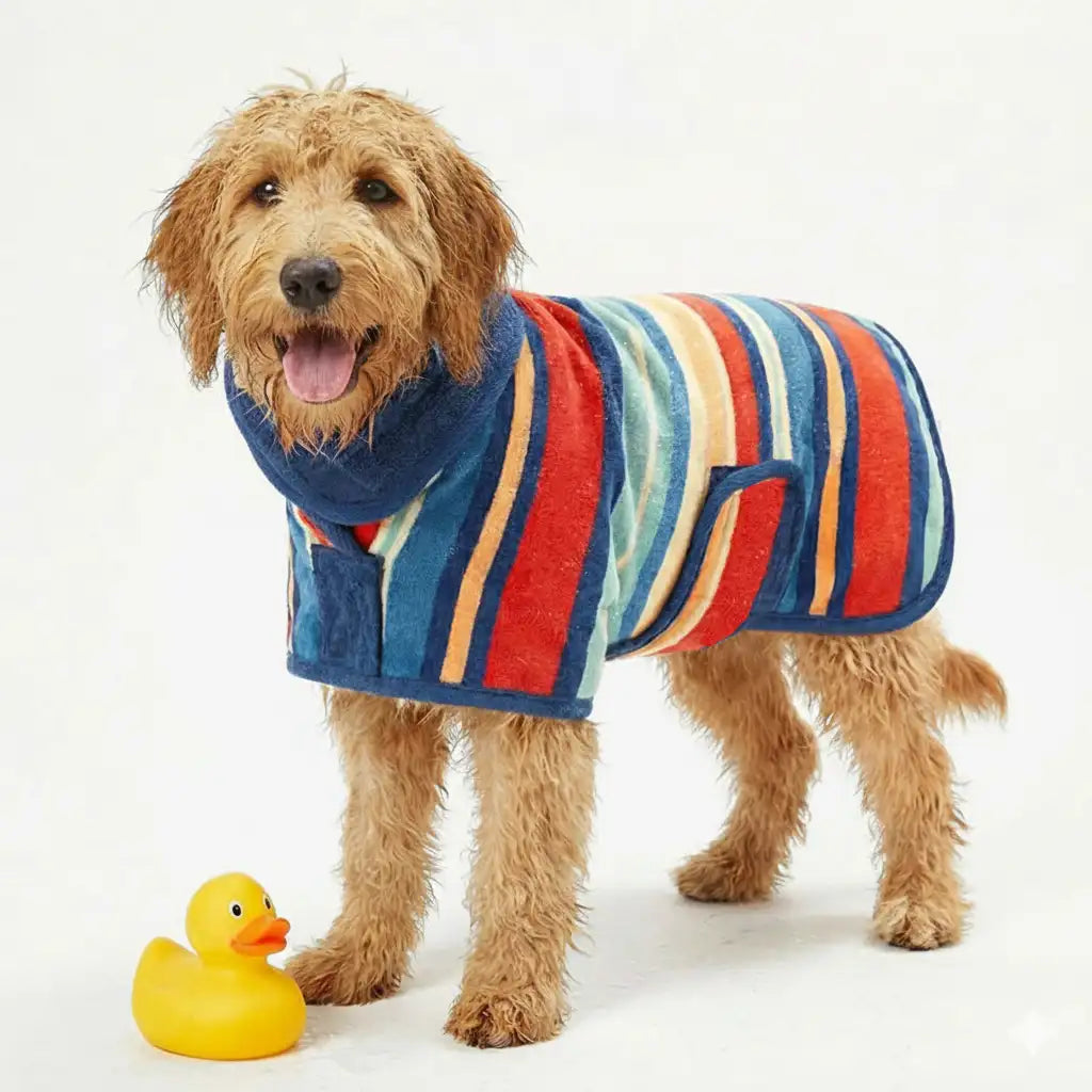 Dog wearing a colorful striped dog towel robe, with a yellow rubber duck on a white background, The coat is a wearable dog towel and bathrobe 