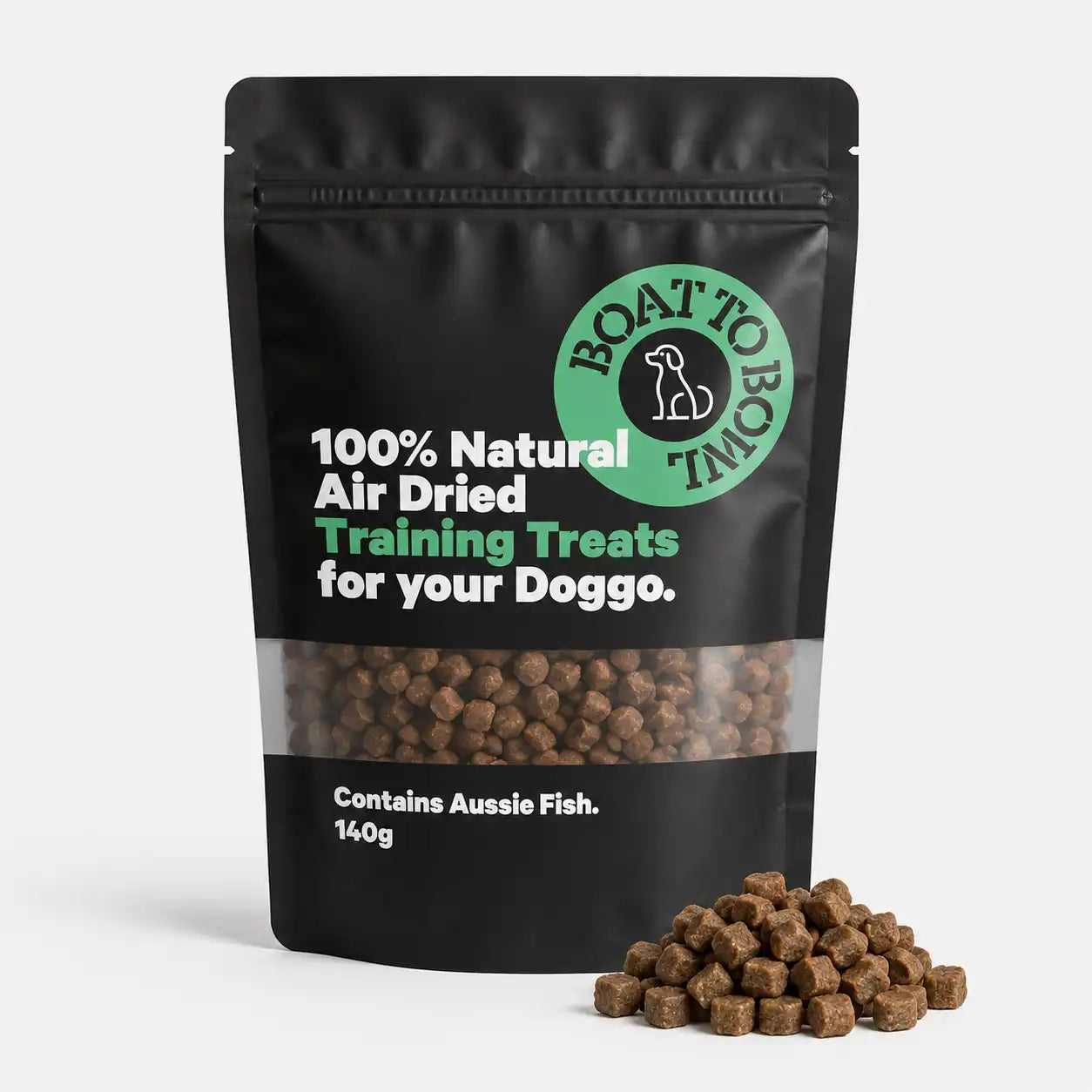 Air-dried fish dog training treats in a black pouch with small treat pieces piled beside the bag.
