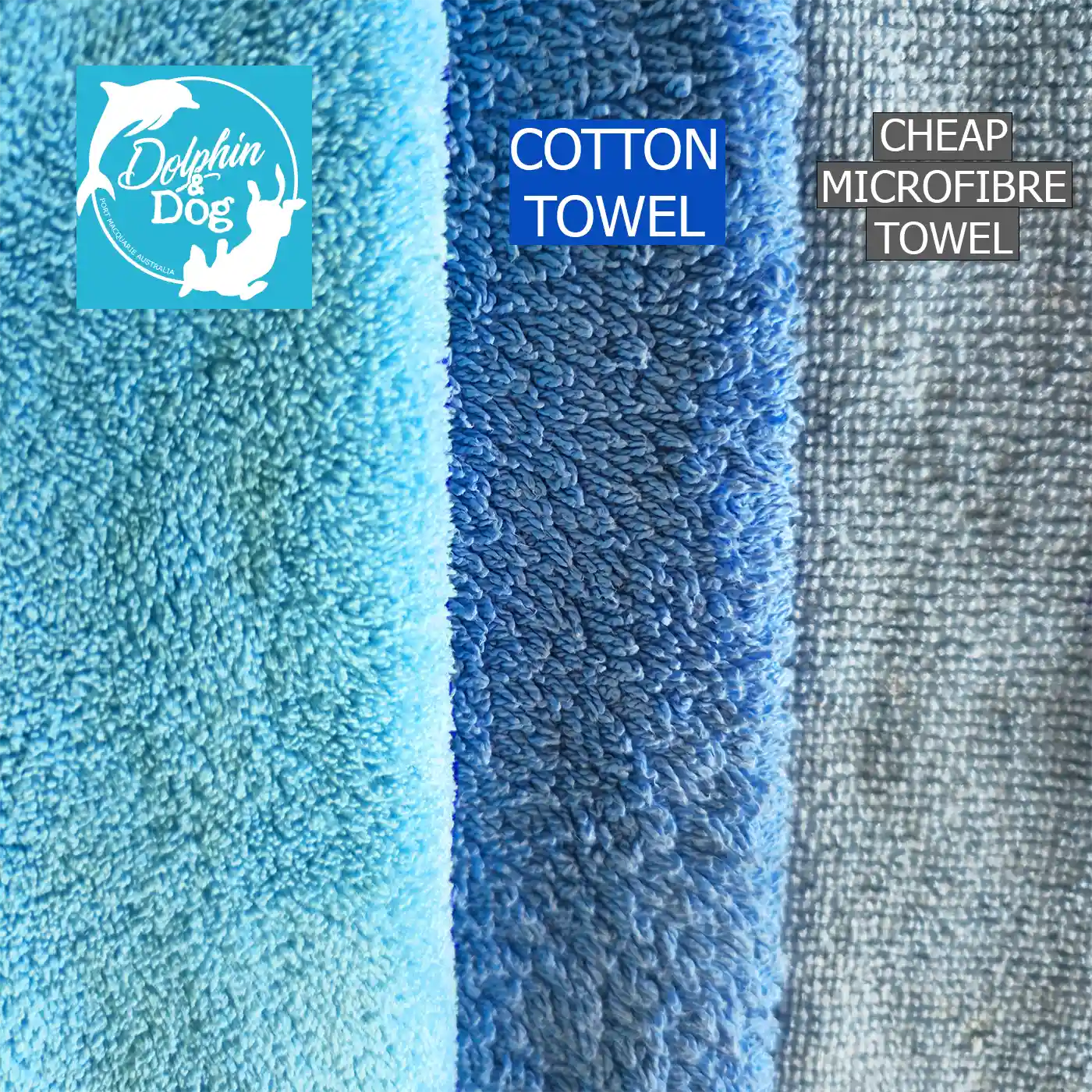 Material quality comparison showing the premium, high-density fabric of the Dolphin & Dog fast drying towel versus standard thin towels.