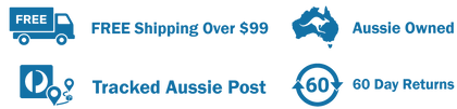 Promotional banner with free shipping, Aussie ownership, tracked post, and returns information.