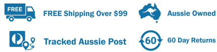 Promotional banner with free shipping, Aussie ownership, tracked post, and returns information.