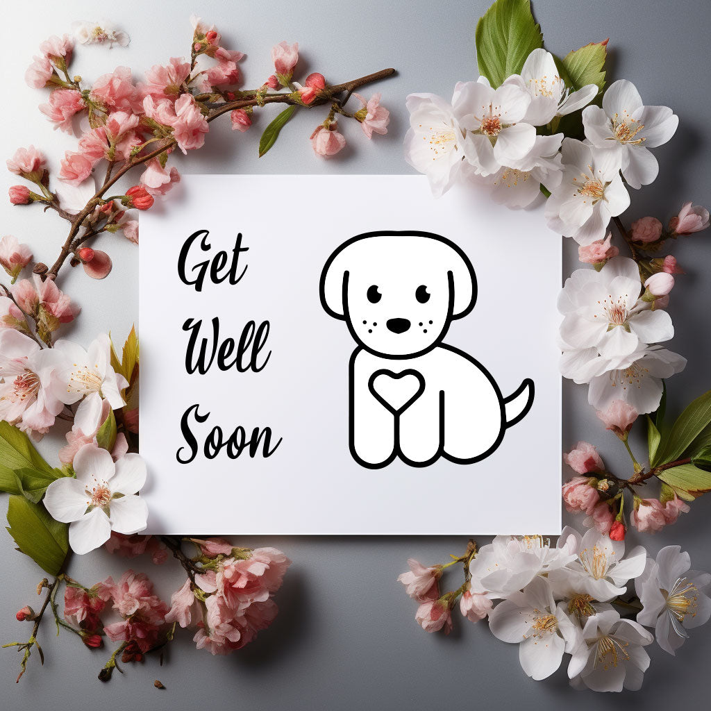 Heartwarming 'Get Well Soon' card with a cute dog illustration, ideal for sharing comfort with friends in need.