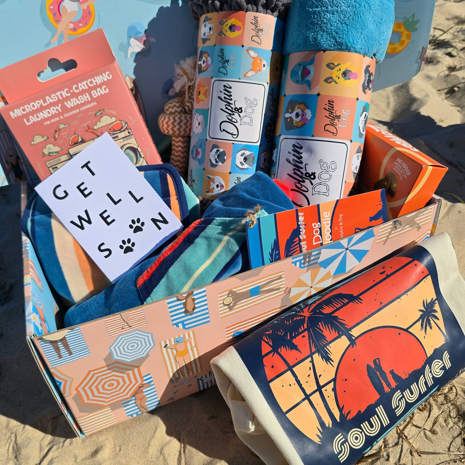 get well soon gifts for dogs and dog owners, a personalised gift box hamper full of gifts for dogs