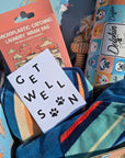 get well soon gifts for dogs and dog owners, a personalised gift card and gift box hamper 