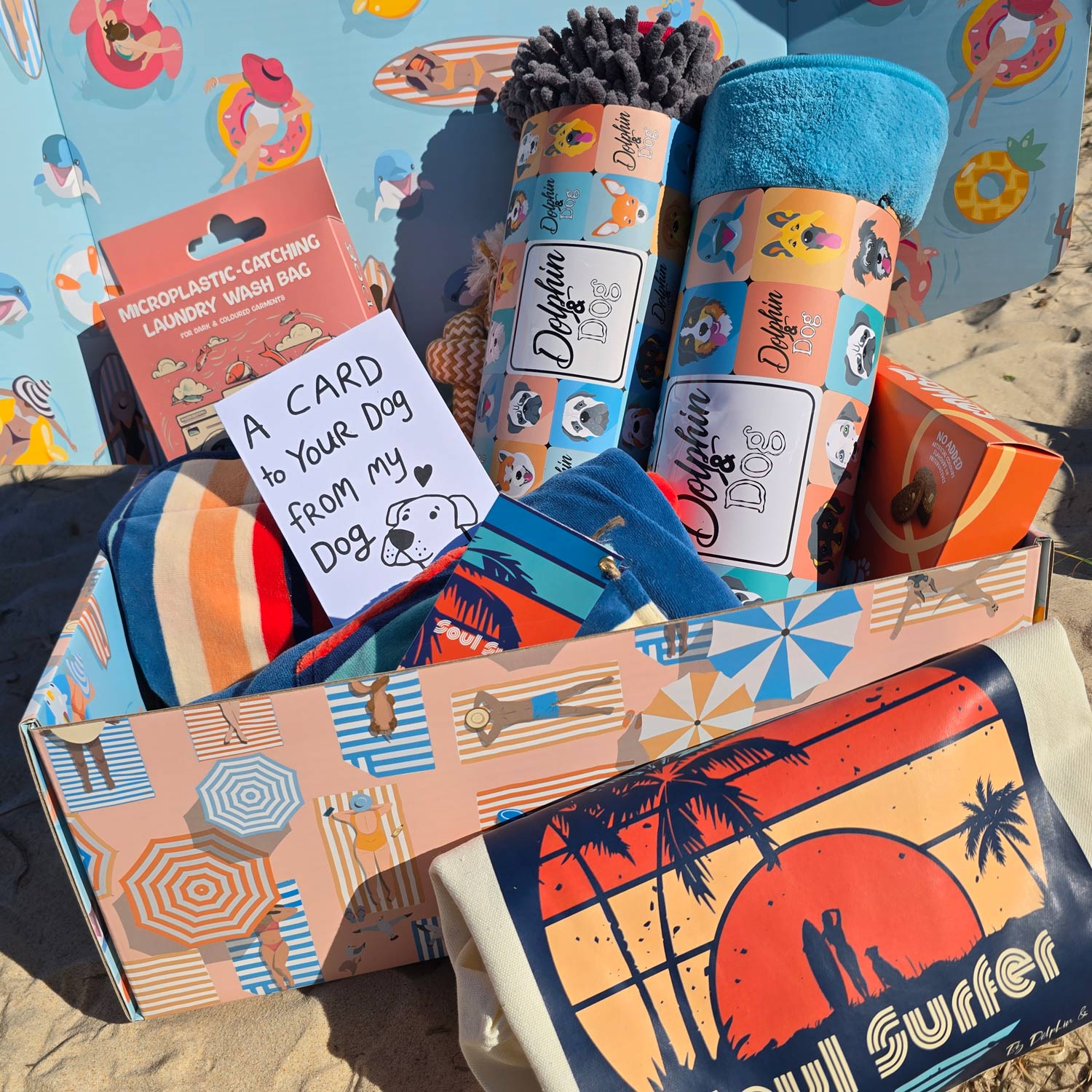 build a dog gift box hamper with a custom greeting card for dog lovers 