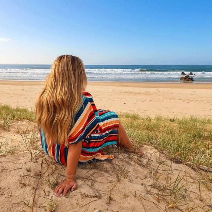 Woman sitting on a sandy beach wearing a colorful striped hooded towel, looking out at the ocean.