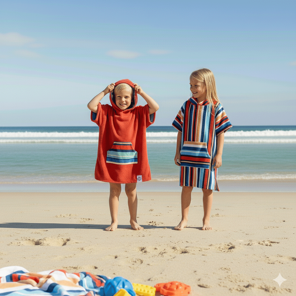 Two children on a beach wearing colorful surf ponchos with ocean and sky in the background
