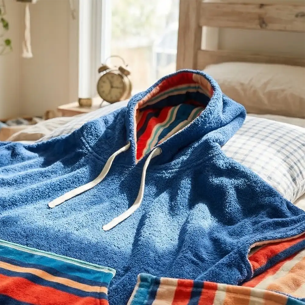 Blue hooded towel with colorful lining draped over a bed in a bedroom setting.