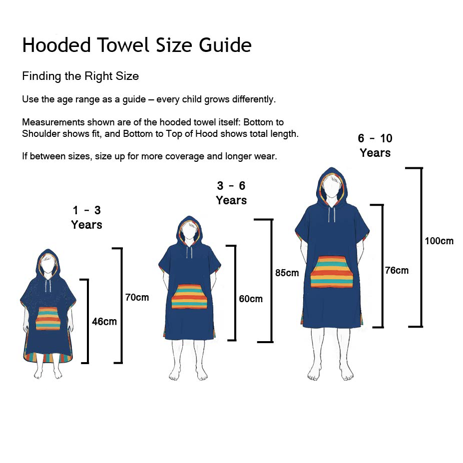 size guide for the kids hooded towel. image shows a baby, toddler and kid size measurements for the towel