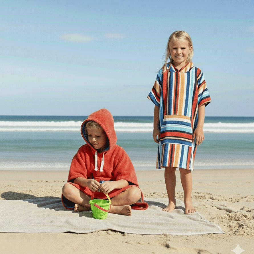 Two children on a beach wearing colorful hooded towels.