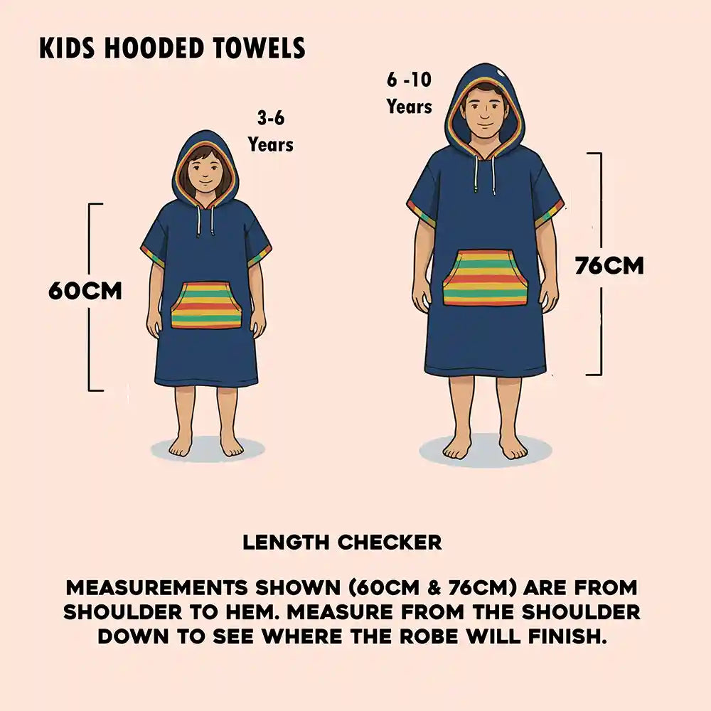 Measurement chart for kids' hooded towels showing sizes for 3-6 years and 6-10 years with corresponding heights.