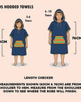 Measurement chart for kids' hooded towels showing sizes for 3-6 years and 6-10 years with corresponding heights.