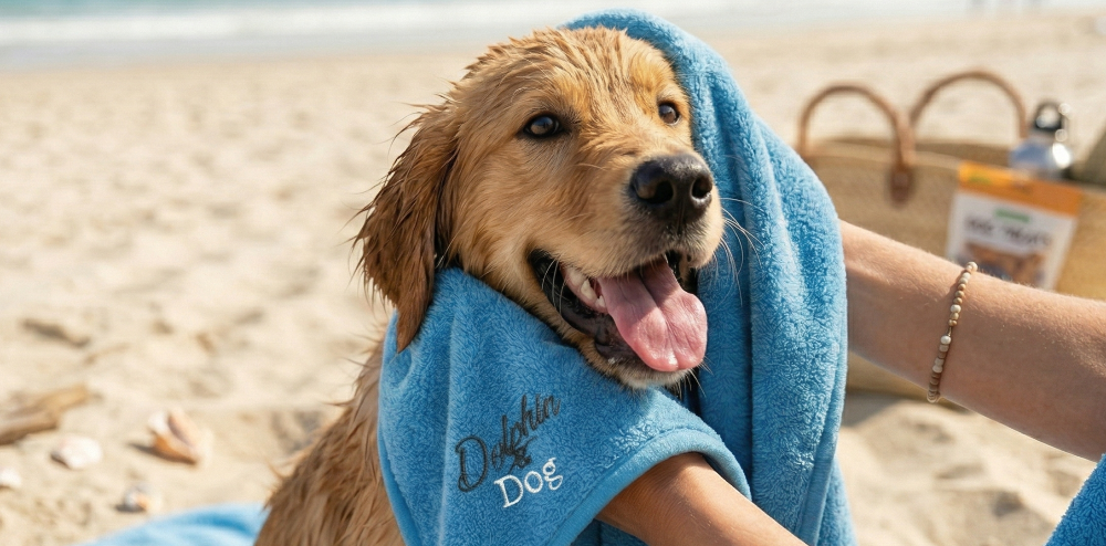 Dog wrapped in a blue microfiber towel on a beach