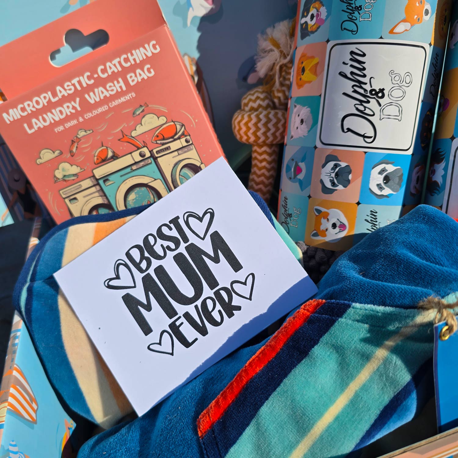 Gift basket with &#39;Best Mum Ever&#39; card, collection of gifts for dogs made for dog mums.