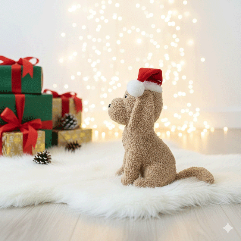 dog toy, a stuffed teddy of a dog with a Christmas hat on