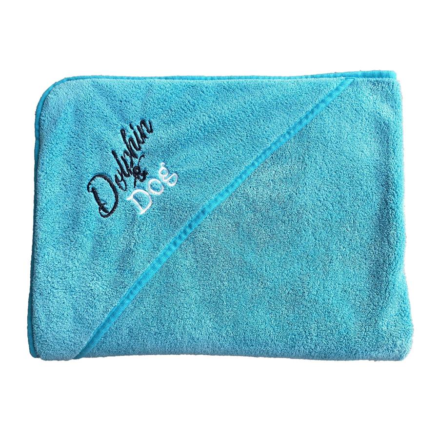large dog towel with dolphin and dog branding embroided on the hand pocket. towel is neatly folded 