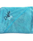 large dog towel with dolphin and dog branding embroided on the hand pocket. towel is neatly folded 