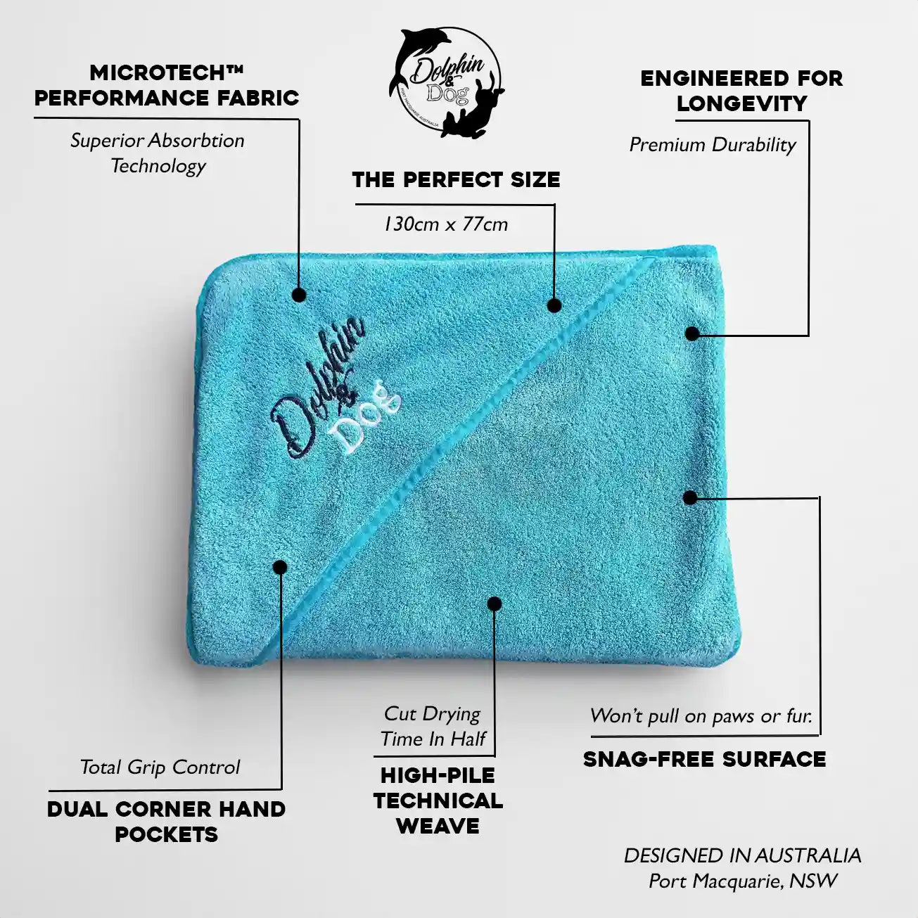 detailed dog towel specification of features. image shows fabric, size, durability , hand pockets, pile weave and snag free material.  