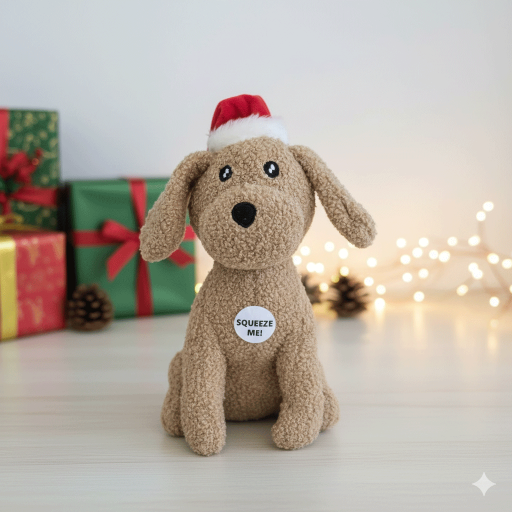 stuffed dog toy, plush oy of a dog with a Christmas hat 