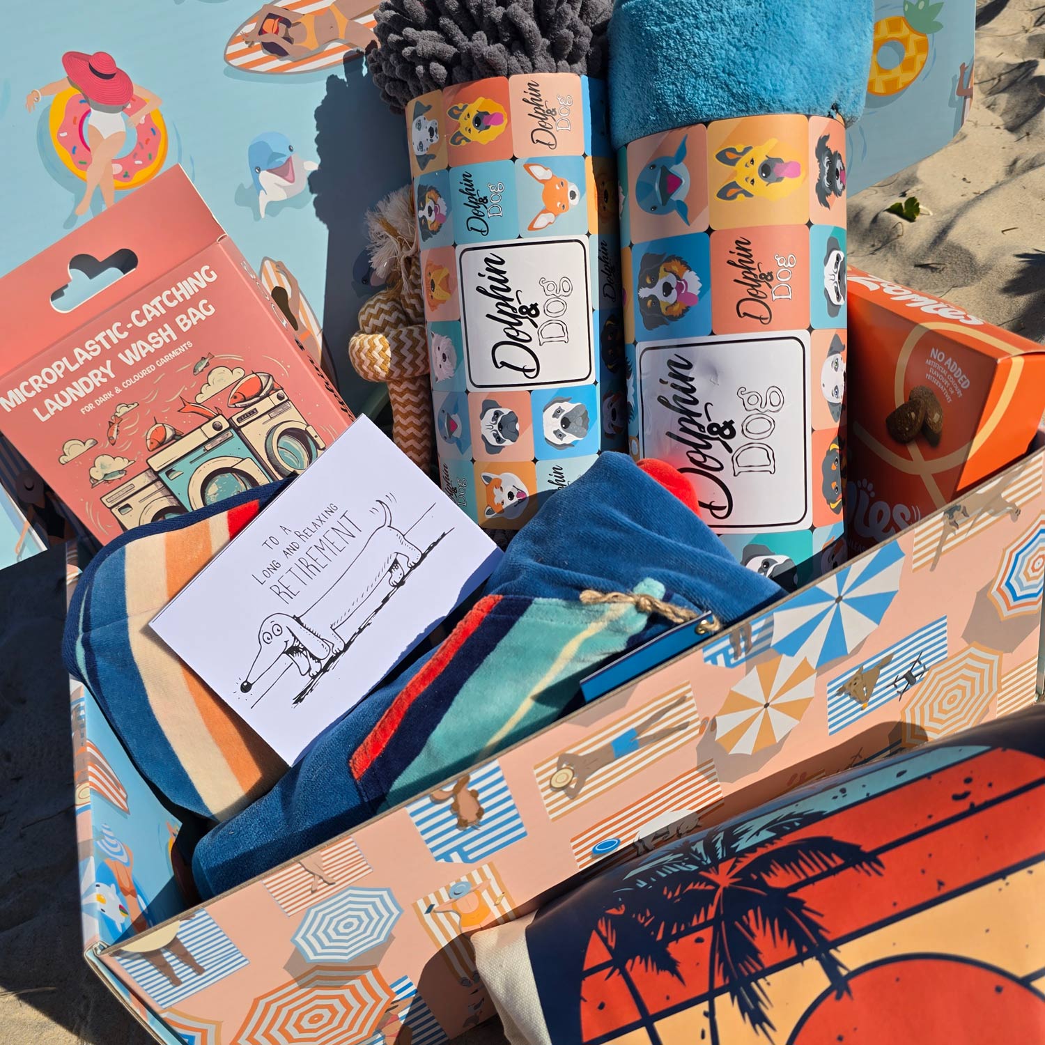 retirement gift box for dog lovers, a gift basket full of dog gifts for a retirement present.