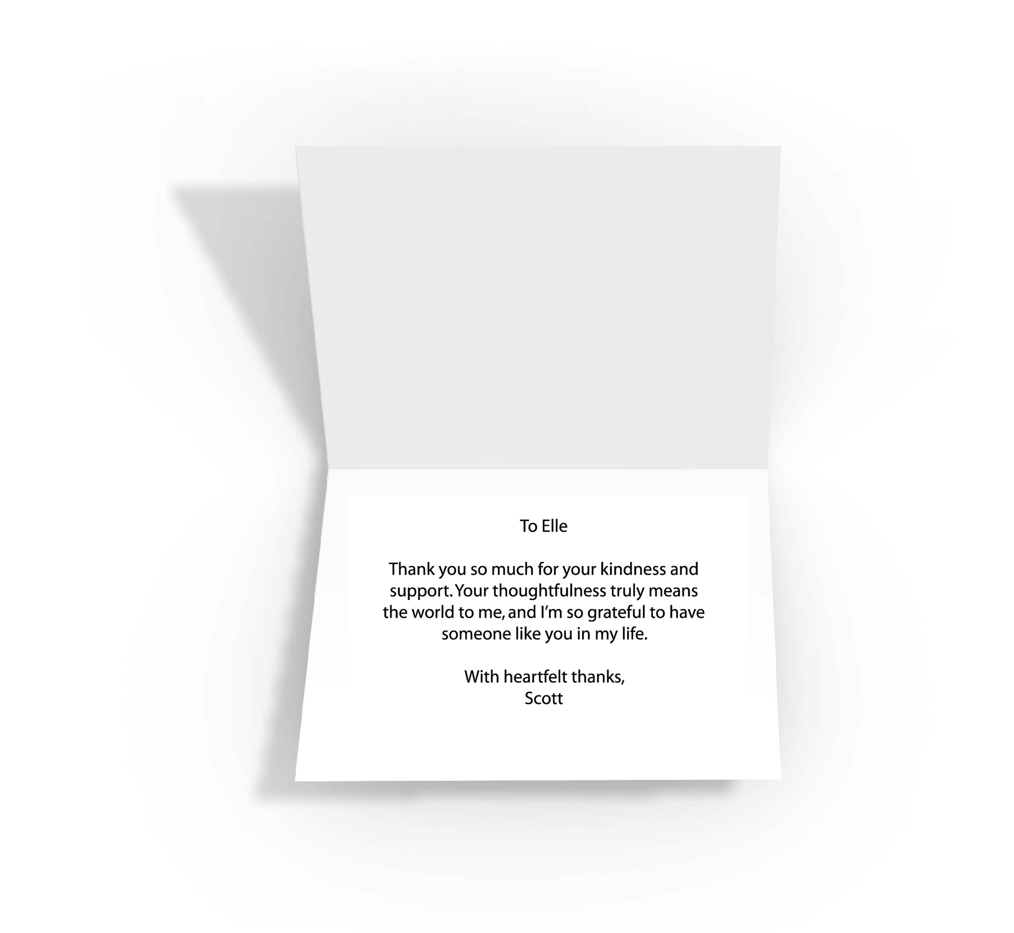 Personalised message inside a heartfelt &#39;Thank You&#39; greetings card, adding a thoughtful touch of gratitude.