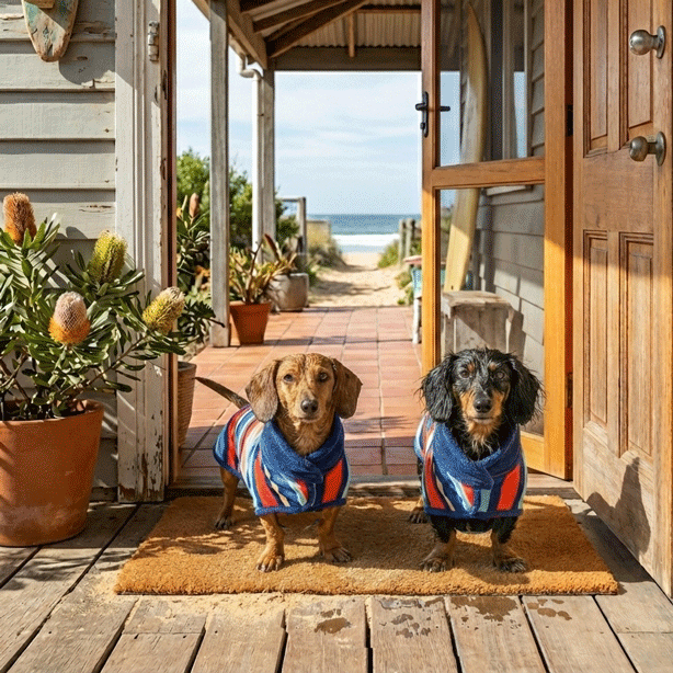 Two Dachshunds in custom dog towels and woman in a matching hooded towel at a beach house doorway.