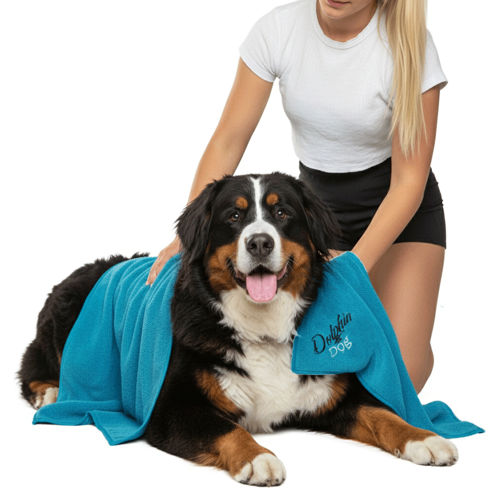 towels for dogs, dog getting dried by a women. towel has hand pockets to help hold the dog while drying.